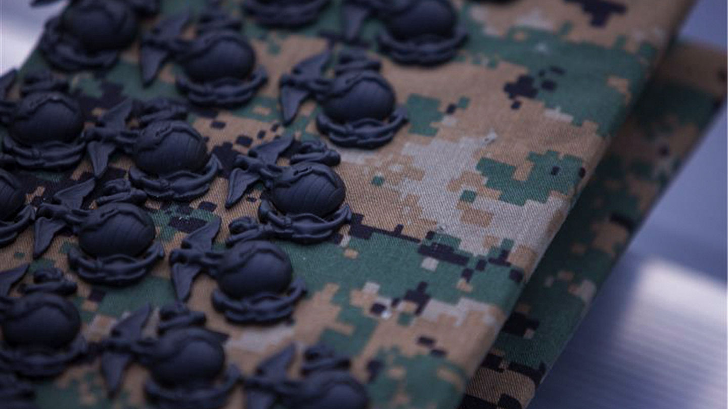Marine Corps Eagle, Globe, and Anchor emblem on woodland camouflage uniform fabric with black accessories.